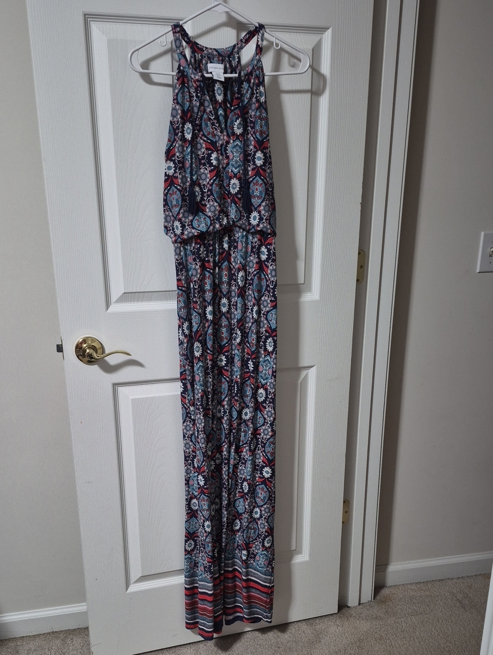 Patterned Sleeveless Maxi Dress in Navy, Coral & White